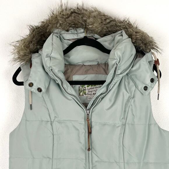 Eddie Bauer Womens Goose Down Puffer Vest Faux Fur Hoodie Yukon Model Sage L - Picture 4 of 13